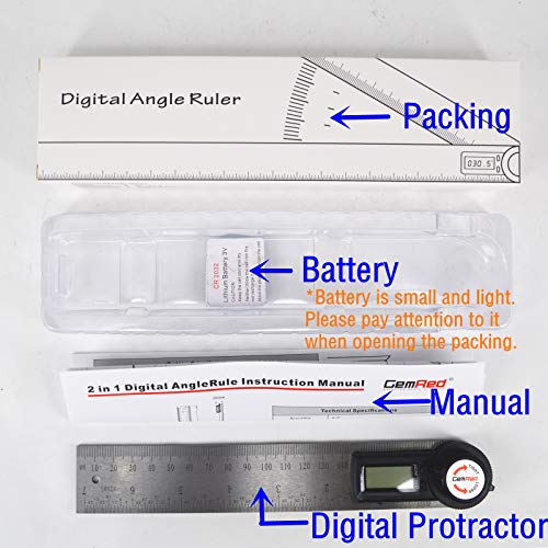 GemRed 82305 Digital Angle Finder Protractor (Stainless Steel, 7inch/200mm) (Black Button)
