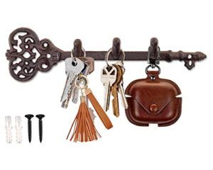 comfify decorative wall mounted key holder rack - vintage key shaped rack with 3 hooks - wall mounted - keys, coats, hats and more- rustic cast iron - 11 x 2.8”- with screws and anchors (rust brown)