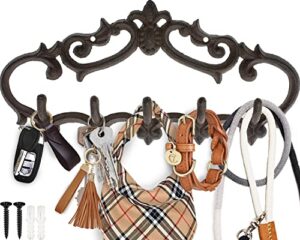 cast iron wall mounted hanger – vintage design with 5 hooks - for keys, towels, robes, clothes and more - wall mounted, metal, heavy duty, rustic, vintage, decorative gift idea - 12.6x5.9” | brown