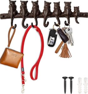7 cats cast iron wall mounted hanger rack - decorative cast iron wall hook rack - vintage design hanger with 7 hooks - wall mounted | 12.4 x 3.9” - with screws and anchors | rustic brown color