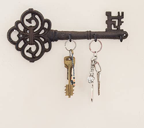 Key Holder for Wall - Cast Iron Skeleton Key - Decorative Farmhouse Rustic Wall Mount Key Organizer - 3 Key Hooks -  Vintage Key Rack for Entryway with Screws & Anchors – 10.8 x 4.7 " - Rust brown