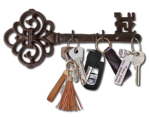 Key Holder for Wall - Cast Iron Skeleton Key - Decorative Farmhouse Rustic Wall Mount Key Organizer - 3 Key Hooks -  Vintage Key Rack for Entryway with Screws & Anchors – 10.8 x 4.7 " - Rust brown