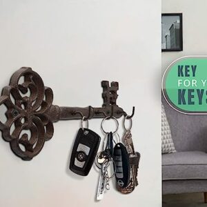 Key Holder for Wall - Cast Iron Skeleton Key - Decorative Farmhouse Rustic Wall Mount Key Organizer - 3 Key Hooks -  Vintage Key Rack for Entryway with Screws & Anchors – 10.8 x 4.7 " - Rust brown