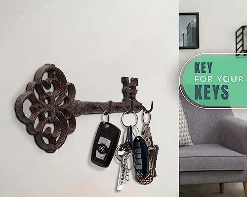 Key Holder for Wall - Cast Iron Skeleton Key - Decorative Farmhouse Rustic Wall Mount Key Organizer - 3 Key Hooks -  Vintage Key Rack for Entryway with Screws & Anchors – 10.8 x 4.7 " - Rust brown