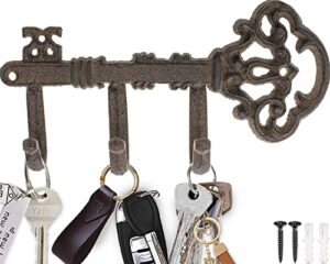 comfify decorative wall mounted skeleton key holder rack | vintage key shape with 3 hooks | wall mounted | rustic cast iron | 7.9 x 4.1”- with screws and anchors rust brown color