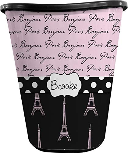 RNK Shops Paris Bonjour and Eiffel Tower Waste Basket - Single Sided (Black) (Personalized)