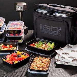 Isolator Fitness 6 Meal ISOCUBE Meal Prep Management Insulated Lunch Bag Cooler with 12 Stackable Meal Prep Containers, 3 ISOBRICKS, and Shoulder Strap - MADE IN USA (Blackout)