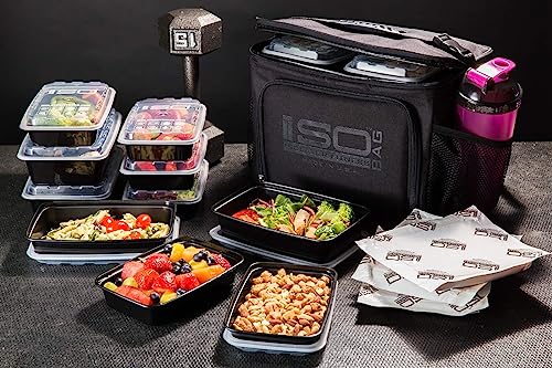 Isolator Fitness 6 Meal ISOCUBE Meal Prep Management Insulated Lunch Bag Cooler with 12 Stackable Meal Prep Containers, 3 ISOBRICKS, and Shoulder Strap - MADE IN USA (Blackout)