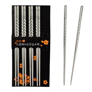 Rbenxia Metal Steel Chopstick Stainless Steel Spiral Chopsticks 8.8 Inches Long Lightweight Chopstick Set Reusable Classic Style for Kitchen Dinner 5 Pairs Silver