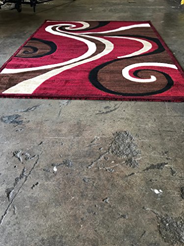 Modern Area Rug Red Contemporary Swirl Carpet King Design 144 (5 Feet 2 Inch X 7 Feet 3 Inch)