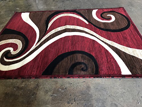 Modern Area Rug Red Contemporary Swirl Carpet King Design 144 (5 Feet 2 Inch X 7 Feet 3 Inch)
