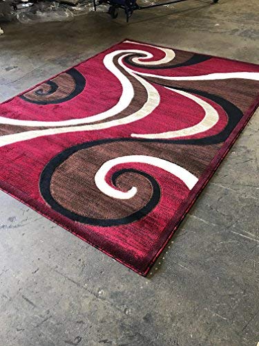 Modern Area Rug Red Contemporary Swirl Carpet King Design 144 (5 Feet 2 Inch X 7 Feet 3 Inch)