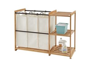 trinity ecostorage 3-bag bamboo laundry station, laundry-room organization and dirty clothes hamper with 3 shelves for bedroom, closet, dorm room and more, bronze poles
