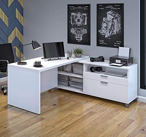 Bestar Pro-Linea L-Shaped Office Desk, 72W, White