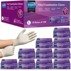 inspire exam grade powder and latex free stretch vinyl gloves, large, 1000 count (10 packs of 100), yellow (inssvgpf-l)