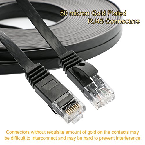 Cat 6 Ethernet Cable 50 Ft, Outdoor & Indoor, 10Gbps Support Cat7 Network, Heavy Duty Flat Internet LAN Patch Cord, Solid High Speed Weatherproof Cable with Clips for Router, Modem, PS4/5, Xbox, Black