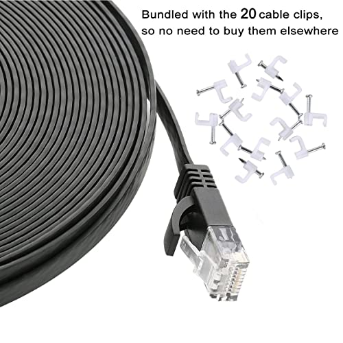 Cat 6 Ethernet Cable 50 Ft, Outdoor & Indoor, 10Gbps Support Cat7 Network, Heavy Duty Flat Internet LAN Patch Cord, Solid High Speed Weatherproof Cable with Clips for Router, Modem, PS4/5, Xbox, Black