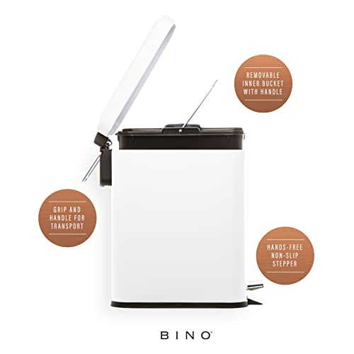BINO | Rectangular Step Trash Can | 1.3 Gallon/5 Liter Stainless Steel Garbage Can with Lid, Non-Slip Stepper for Home Office Bathroom Kitchen | Matte White