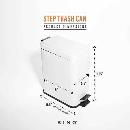BINO | Rectangular Step Trash Can | 1.3 Gallon/5 Liter Stainless Steel Garbage Can with Lid, Non-Slip Stepper for Home Office Bathroom Kitchen | Matte White