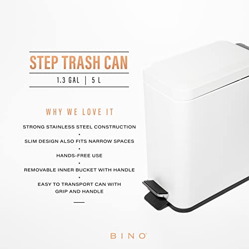 BINO | Rectangular Step Trash Can | 1.3 Gallon/5 Liter Stainless Steel Garbage Can with Lid, Non-Slip Stepper for Home Office Bathroom Kitchen | Matte White