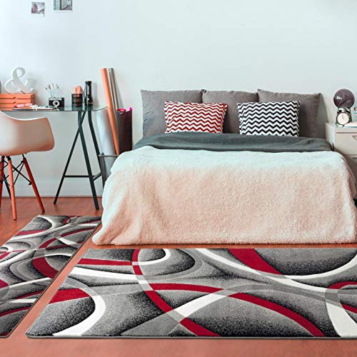 Luxe Weavers Gray Black Red White Geometric Swirls 9'0 x 12'6 Modern Abstract 9x12 Area Rug Carpet