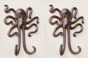 set of 2 octopus wall storage hanging hook rustic antique nautical decoration cast iron 5.6 inches long by 5.5 inches wide by 1 inch deep.