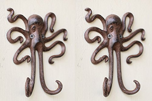 Set of 2 Octopus Wall Storage Hanging Hook Rustic Antique Nautical Decoration Cast Iron 5.6 Inches Long By 5.5 Inches Wide By 1 Inch Deep.