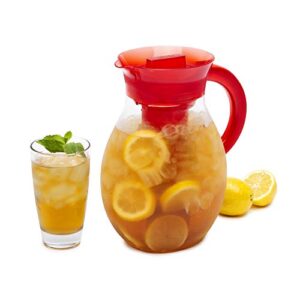 primula the big iced tea maker tritan plastic infusion beverage pitcher with leak proof, airtight lid, fine mesh resuable filter, manufactured without pfoa, dishwasher safe, 1-gallon, red