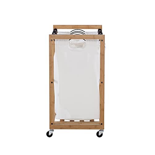 TRINITY 3-Bag Bamboo Laundry Cart, Laundry-Room Organization and Dirty Clothes Hamper with Wheels for Bedroom, Closet, Dorm Room and More, Bronze Poles