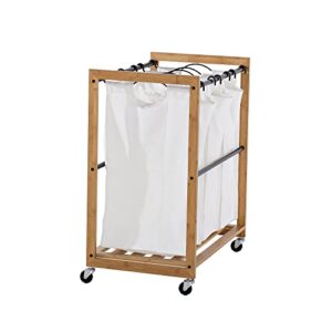 TRINITY 3-Bag Bamboo Laundry Cart, Laundry-Room Organization and Dirty Clothes Hamper with Wheels for Bedroom, Closet, Dorm Room and More, Bronze Poles