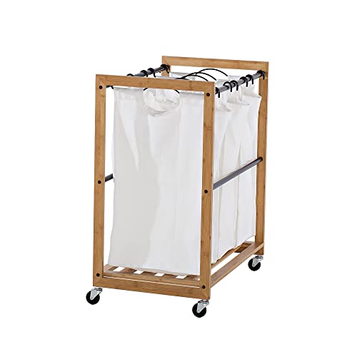 TRINITY 3-Bag Bamboo Laundry Cart, Laundry-Room Organization and Dirty Clothes Hamper with Wheels for Bedroom, Closet, Dorm Room and More, Bronze Poles