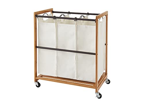 TRINITY 3-Bag Bamboo Laundry Cart, Laundry-Room Organization and Dirty Clothes Hamper with Wheels for Bedroom, Closet, Dorm Room and More, Bronze Poles