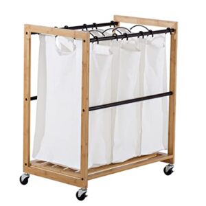 TRINITY 3-Bag Bamboo Laundry Cart, Laundry-Room Organization and Dirty Clothes Hamper with Wheels for Bedroom, Closet, Dorm Room and More, Bronze Poles