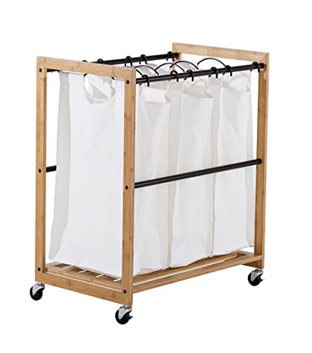 TRINITY 3-Bag Bamboo Laundry Cart, Laundry-Room Organization and Dirty Clothes Hamper with Wheels for Bedroom, Closet, Dorm Room and More, Bronze Poles