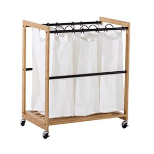 TRINITY 3-Bag Bamboo Laundry Cart, Laundry-Room Organization and Dirty Clothes Hamper with Wheels for Bedroom, Closet, Dorm Room and More, Bronze Poles