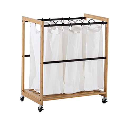 TRINITY 3-Bag Bamboo Laundry Cart, Laundry-Room Organization and Dirty Clothes Hamper with Wheels for Bedroom, Closet, Dorm Room and More, Bronze Poles