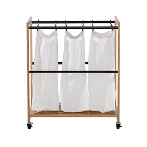 TRINITY 3-Bag Bamboo Laundry Cart, Laundry-Room Organization and Dirty Clothes Hamper with Wheels for Bedroom, Closet, Dorm Room and More, Bronze Poles