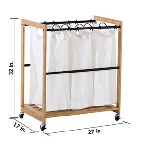 TRINITY 3-Bag Bamboo Laundry Cart, Laundry-Room Organization and Dirty Clothes Hamper with Wheels for Bedroom, Closet, Dorm Room and More, Bronze Poles