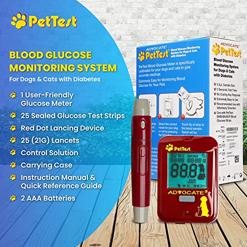 PetTest Glucose Monitoring System | Blood Sugar Check Kit for Dogs & Cats - Full Kit Includes 25 Test Strips, 25 Lancets, Red Dot Lancing Device, Glucose Meter, Carrying Case | Pets Diabetic Supplies