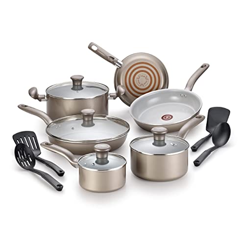 T-fal Initiatives Ceramic Nonstick Cookware Set 14 Piece Award Winning, Pots and Pans Gold