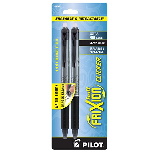 PILOT FriXion Clicker Erasable, Refillable & Retractable Gel Ink Pens, Extra Fine Point, Black Ink, 2-Pack (32500)