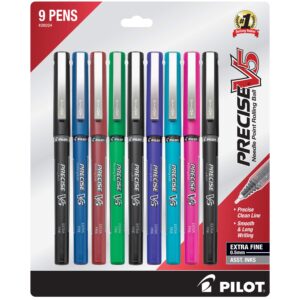 pilot precise v5 stick liquid ink rolling ball stick pens, extra fine point (0.5mm) assorted ink colors, 9-pack (26024)