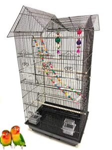37-inch portable double roof top hanging flight bird cage with playing toys for small parrot cockatiel sun quaker parakeet green cheek conure parrotlet finch canary budgie lovebird travel bird cage