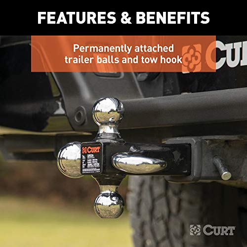 CURT 45675 Multi-Ball Trailer Hitch Ball Mount, 1-7/8, 2, 2-5/16-Inch Balls and Tow Hook, Fits 2-Inch Receiver, 10,000 lbs