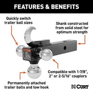 CURT 45675 Multi-Ball Trailer Hitch Ball Mount, 1-7/8, 2, 2-5/16-Inch Balls and Tow Hook, Fits 2-Inch Receiver, 10,000 lbs