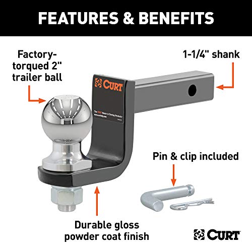 CURT 45148 Trailer Hitch Mount, 2-Inch Ball, Pin, Fits 1-1/4-In Receiver, 3,500 lbs, 3-1/4" Drop, GLOSS BLACK POWDER COAT