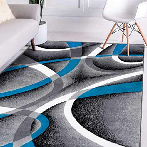 Persian Area Rugs Turquoise 8x10 2305 White Swirls 7'10 x10'6 Modern Abstract Area Rug, 8' x 10'