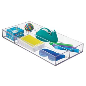 mdesign plastic stackable office divided storage drawer organizer tray for cabinet, desk, shelf, or closet organization - holds note pads, pens, tape, staples, scissors, lumiere collection - clear