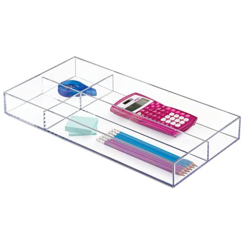 mDesign Plastic Stackable Office Divided Storage Drawer Organizer Tray for Cabinet, Desk, Shelf, or Closet Organization - Holds Note Pads, Pens, Tape, Staples, Scissors, Lumiere Collection - Clear