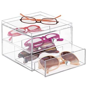 mdesign stackable plastic eye glass storage organizer box holder for sunglasses, reading glasses, lens cleaning cloths, and accessories - 2 divided drawers, chrome pulls - clear